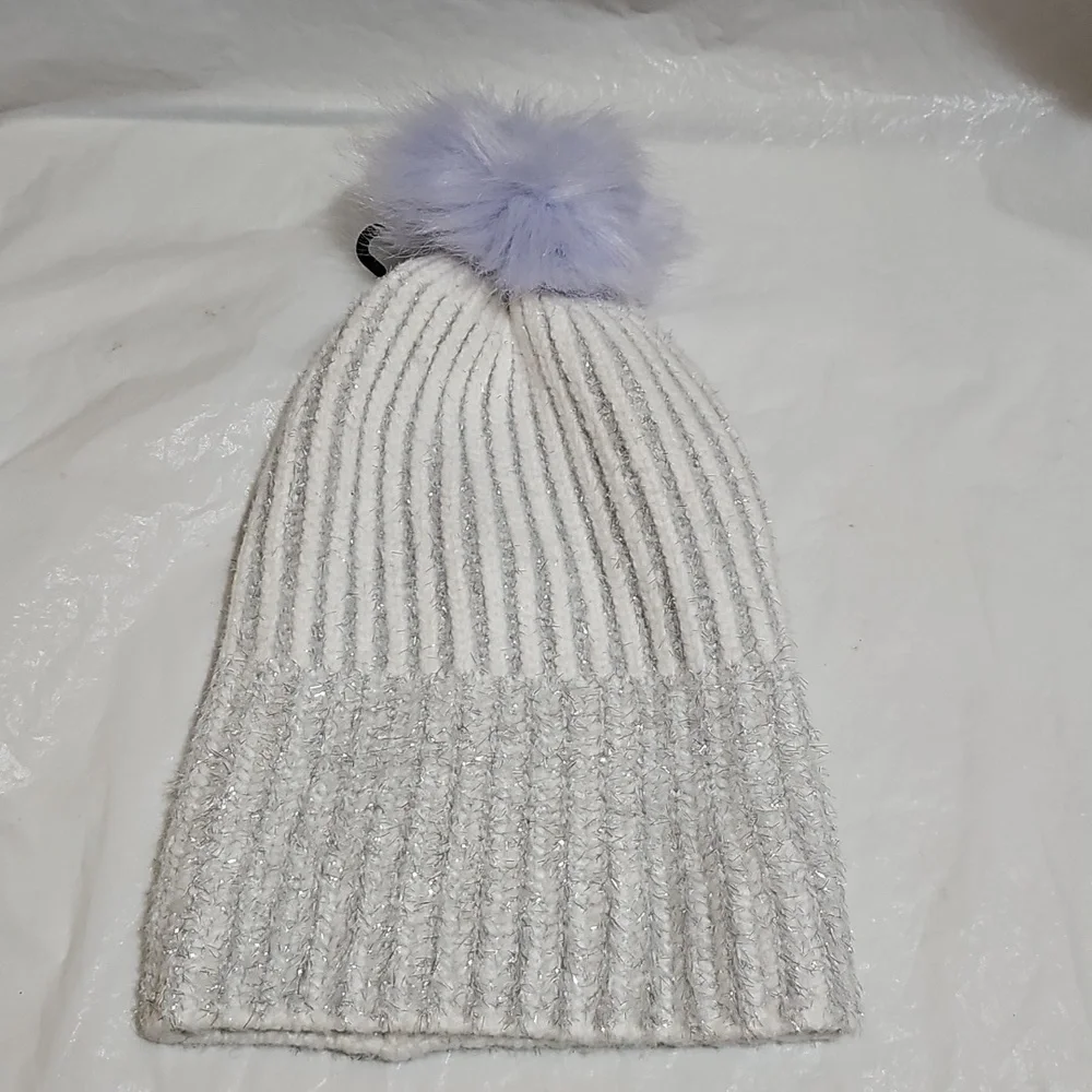 Old Navy Girl L-XL White Ribbed Beanie w/Metallic Silver Detail, Purple Pom New